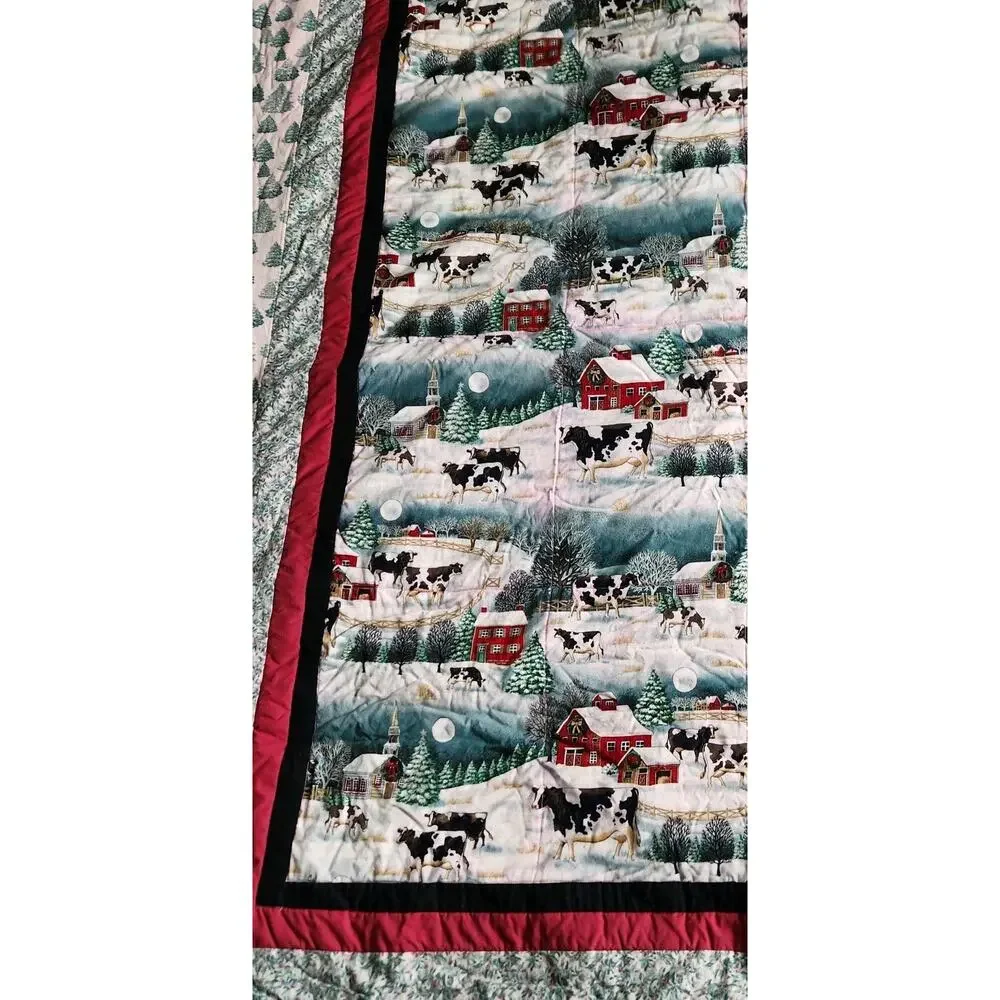 Handmade Christmas Quilt Snowy Farmhouse Red Barn Church Steeple Cows 77x66